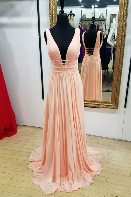 kateprom Simple pink chiffon long prom dress, pink evening dress KPP0498