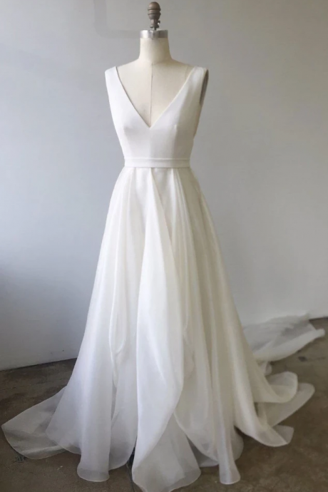 kateprom Simple white v neck tulle long prom dress, white evening dress KPP0499