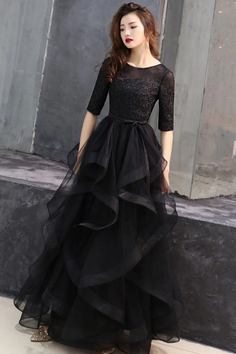 kateprom Black round neck tulle lace long prom dress, black formal dress KPP0500
