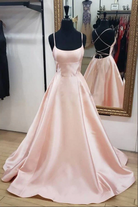 Kateprom Blush Pink Simple Satin A Line Spaghetti Straps Cross Back Prom Dress With Pockets Kpp0503