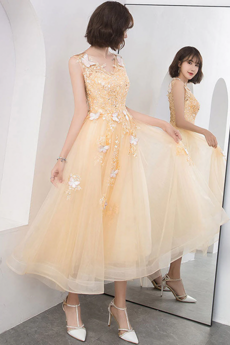 Kateprom Cute v neck tulle lace tea length prom dress, champagne lace evening dress KPP0507