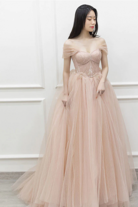 Kateprom Pink Off Shoulder Long Prom Dress, Pink Tulle Formal Evening Dress Kpp0511