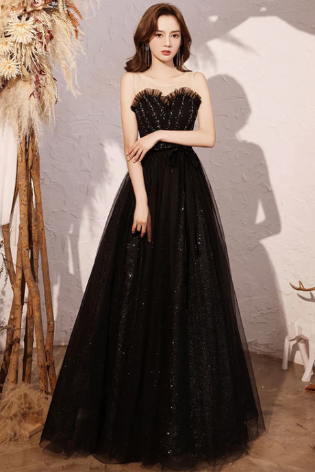 Kateprom Black Sweetheart Neck Tulle Sequin Beads Long Prom Dress