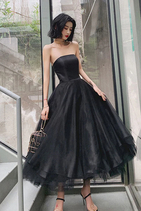 Simple Black Tulle Tea Length Prom Dress, Black Evening Dress Kpp0519