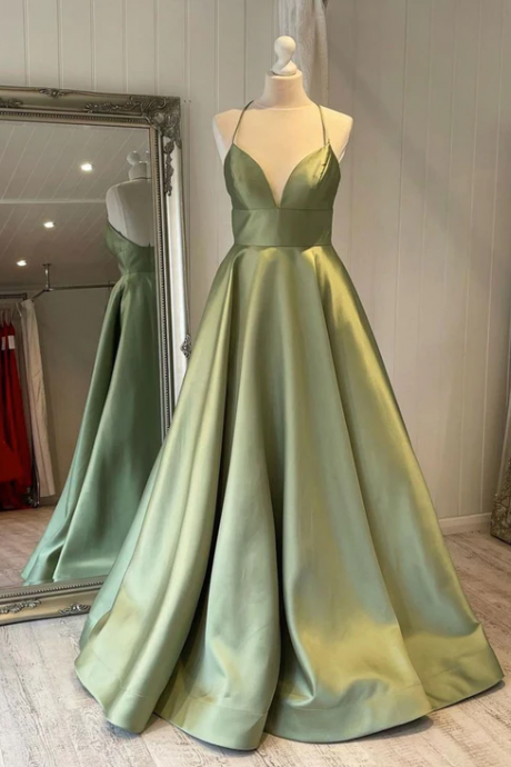 Simple Green Satin Long Prom Dress, Green Bridesmaid Dress Kpp0523