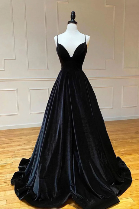 Simple Black Velvet Long Prom Dress, Black Evening Dress Kpp0524