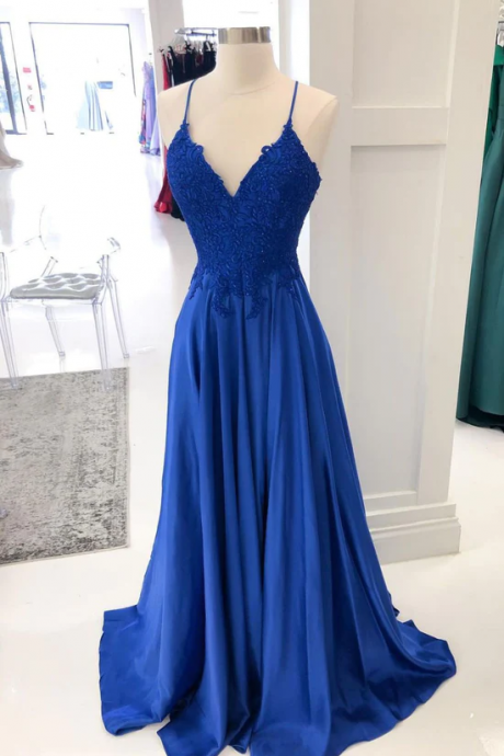 Royal Blue Lace Satin Long Prom Dress Blue Formal Dress Kpp0525