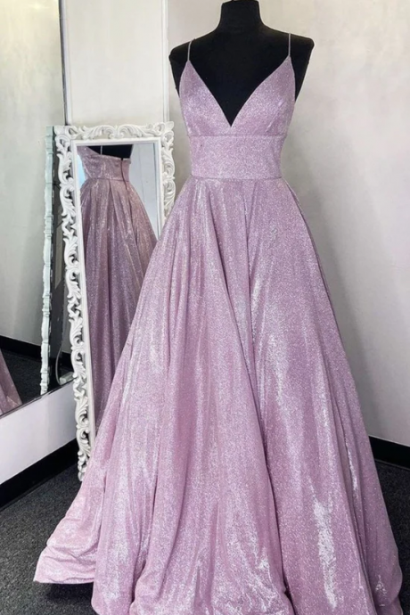 Simple V Neck A-line Long Prom Dress Sequin Evening Dress Kpp0526