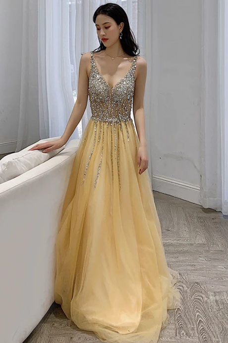 A Line V Neck Yellow Backless Long Prom Dresses, Open Back Yellow Long Formal Evening Dresses
