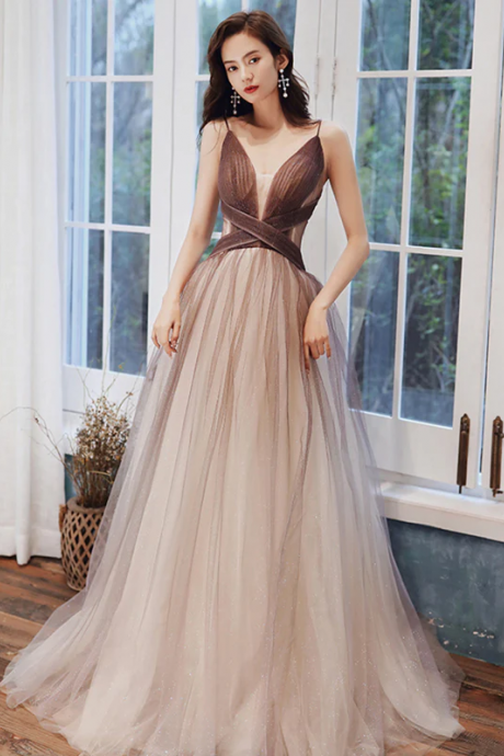 V Neck Brown Ombre Long Prom Dresses, Brown Ombre Floor Length Formal Evening Dresses