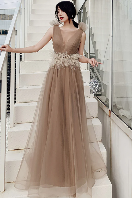 Round Neck Champagne Long Prom Dresses With Corset Back, Long Champagne Formal Evening Dresses