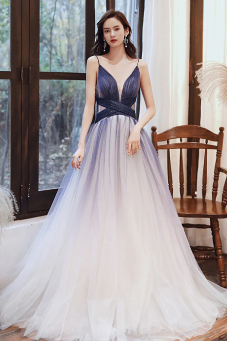 A Line V Neck Blue Ombre Long Prom Dress With Corset Back, Ombre Blue Formal Evening Dresses