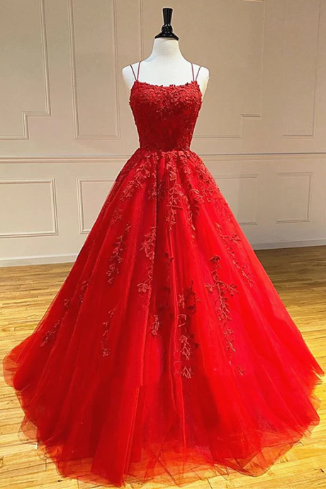 Backless Red Lace Prom Dresses, Red Backless Lace Formal Evening Graduation Dresses
