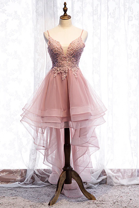High Low Pink Lace Prom Dresses, Pink High Low Formal Graduation Homecoming Dresses