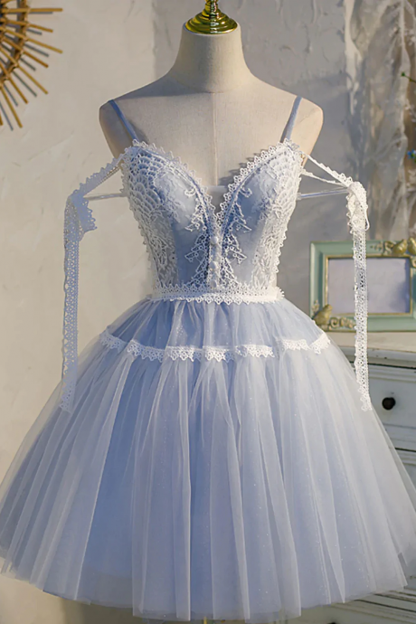 Short Blue Lace Prom Dresses, Short Blue Lace Formal Homecoming Dresses