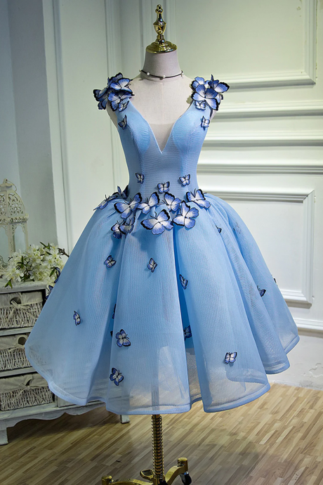 A Line V Neck Short Blue Prom Dresses With Butterfly, Short Blue Formal Homecoming Dresses