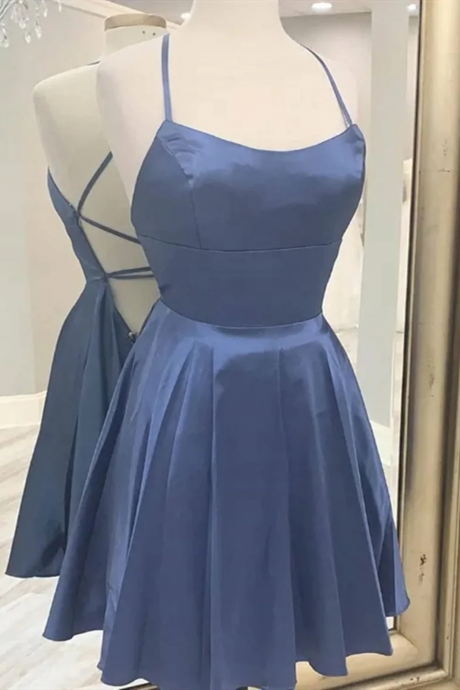 Short Blue Gray Backless Prom Dresses, Open Back Blue Gray Short Formal Homecoming Dresses