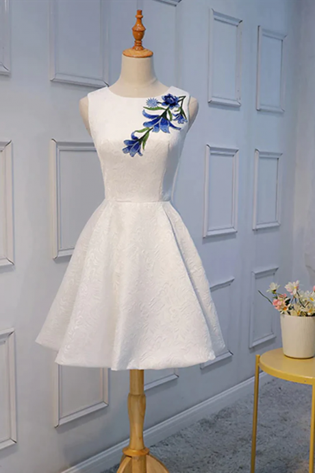 Short White Lace Floral Prom Dresses, Short White Lace Floral Formal Homecoming Dresses