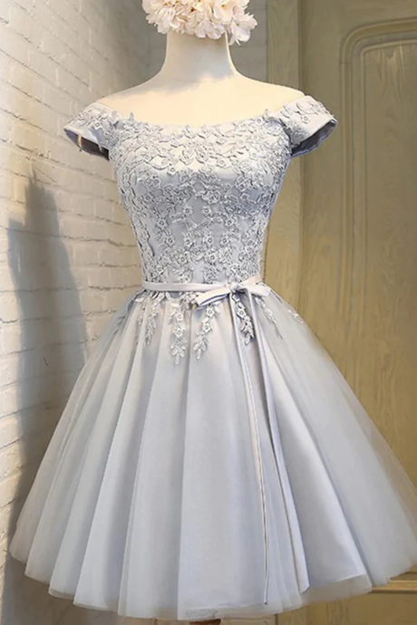 Short Sleeves Silver Gray Short Lace Prom Dresses, Silver Gray Short Lace Graduation Homecoming Dresses