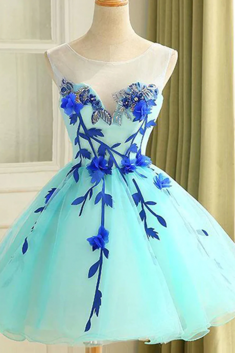 Short Blue Floral Prom Dresses, Short Blue Floral Graduation Homecoming Dresses