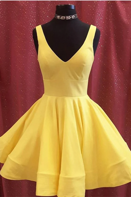 V Neck Short Yellow Prom Dresses, Short Yellow V Neck Graduation Homecoming Dresses