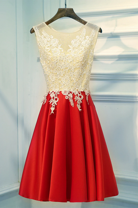 A Line Round Neck Red Short Lace Prom Dresses, Short Red Lace Formal Homecoming Dresses