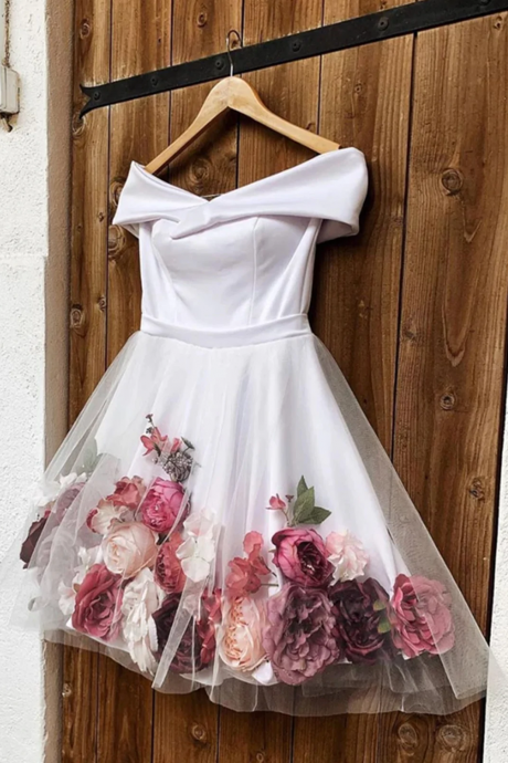 Off The Shoulder Short White 3d Floral Prom Dresses, Off Shoulder Short White 3d Floral Homecoming Dresses
