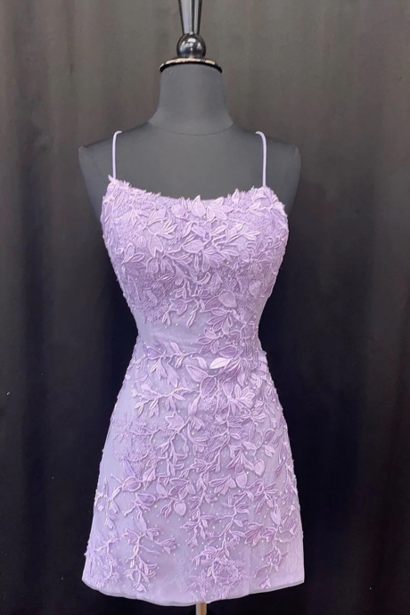 Backless Short Purple Prom Dresses, Open Back Short Purple Lace Graduation Homecoming Dresses