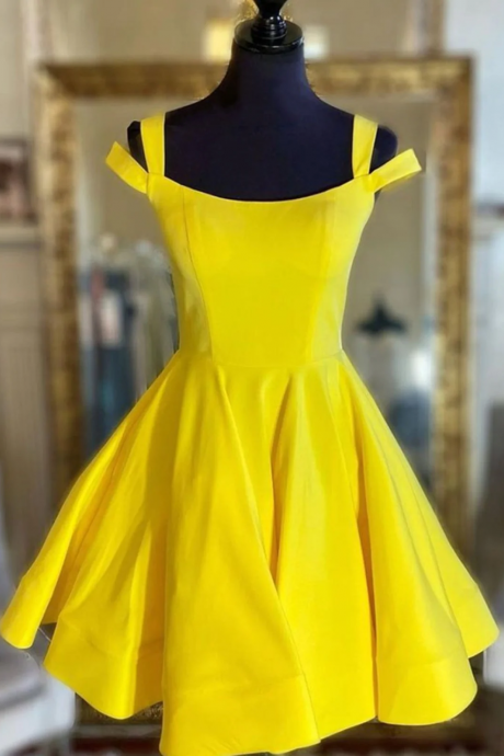 Off the Shoulder Short Yellow Satin Prom Dresses, Short Yellow Satin Formal Homecoming Dresses