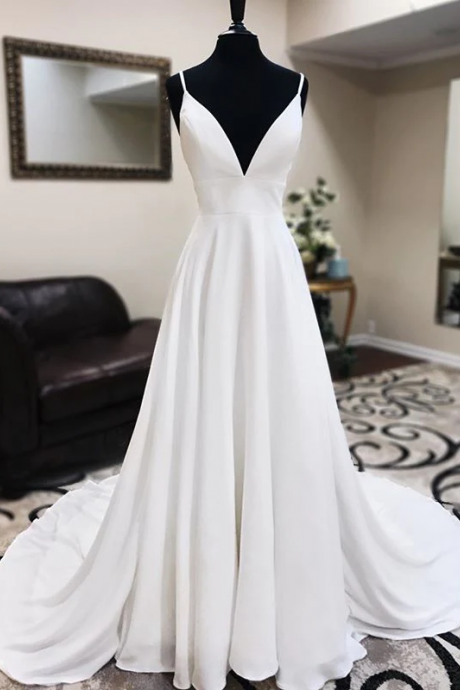 A Line V Neck White Wedding Dresses with Lace Back, White V Neck Prom Formal Dresses