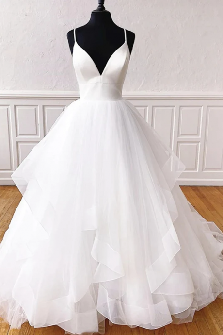 V Neck White Tulle Wedding Dresses, V Neck White Formal Prom Evening Dresses