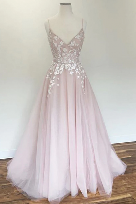 Spaghetti Straps Prom Dress A-line Pink Applique Modest Long Prom Dresses/evening