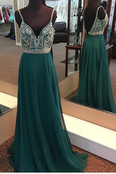 Dark Green Prom Dresses Spaghetti Straps A-line Chiffon Long Prom Dress/evening Dress