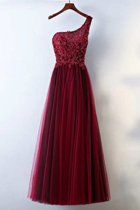 Chic A-line One Shoulder Tulle Modest Burgundy Long Prom Dress Evening Dress