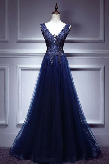 Chic Dark Blue Prom Dress A-line V Neck Applique Prom Dress Evening Dress