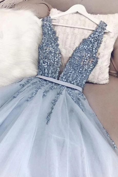 A-line V Neck Sky Blue Long Prom Dress Short Train Beaded Lace Formal Gowns Evening Dress
