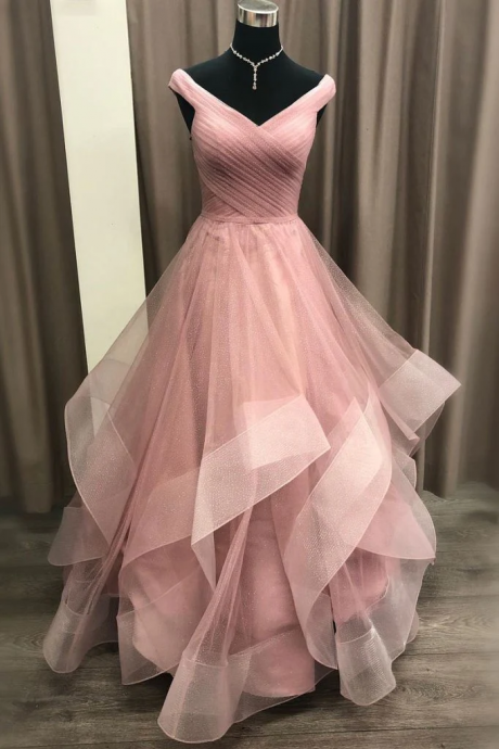 A-line Off-the-shoulder Dusty Pink Long Prom Dress Tulle Formal Gowns Evening Dress
