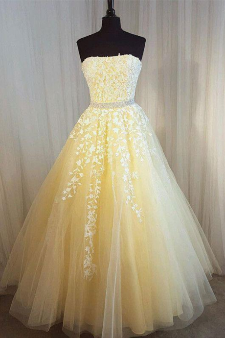A-line Prom Dress Strapless A-line Applique Tulle Daffodil Prom Dresses Long Evening Dress