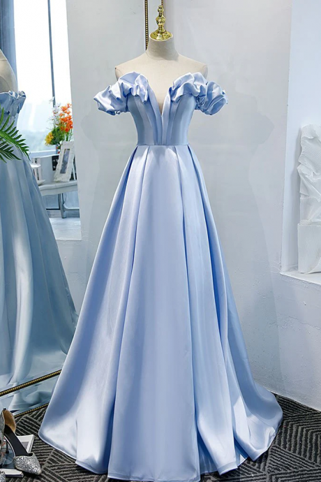 Chic A-line Off-the-shoulder Blue Prom Dress Satin Formal Dress