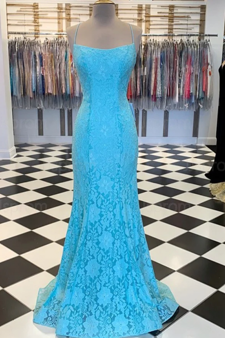 Chic Sheath/column Spaghetti Straps Lace Long Prom Dress Evening Dress
