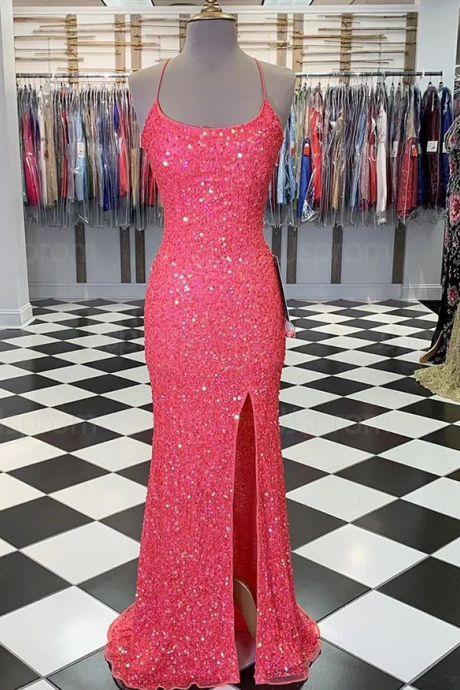 Chic Sheath/column Spaghetti Straps Sequins Long Prom Dress Evening Dress