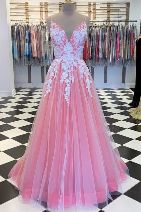 Chic A-line Spaghetti Straps Lace Long Prom Dress Evening Dress