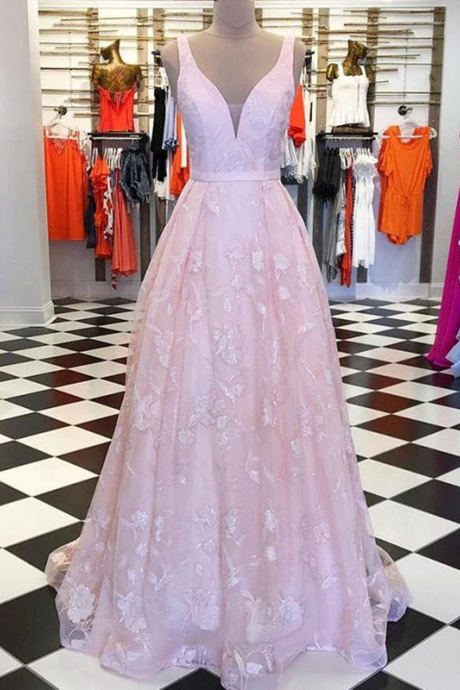 Chic A-line V Neck Pink Long Prom Dresses Lace Evening Dress