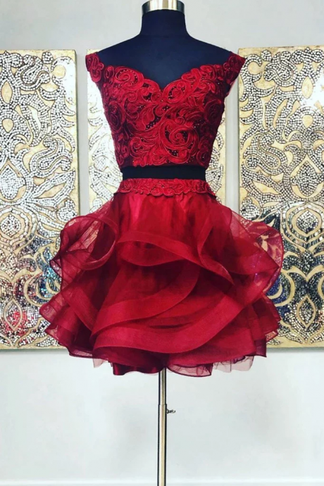 Two Pieces Red Applique Short Prom Dress Homecoming Dress
