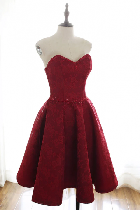 Burgundy Sweetheart Lace Short Prom Dresses Homecoming Dresses