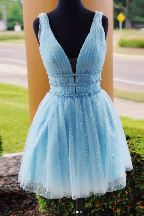 A-line V Neck Blue Homecoming Dress Short Prom Dresses Juniors Homecoming Dresses