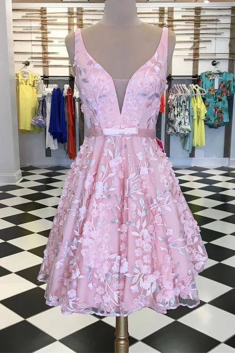 A-line Straps Short/Mini Prom Dress With Applique Beautiful Pink Homecoming Dresses