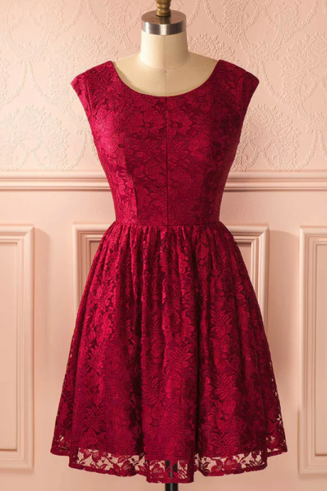 A-line Scoop Short/mini Prom Dress Burgundy Lace Cocktail Dress Homecoming Dress