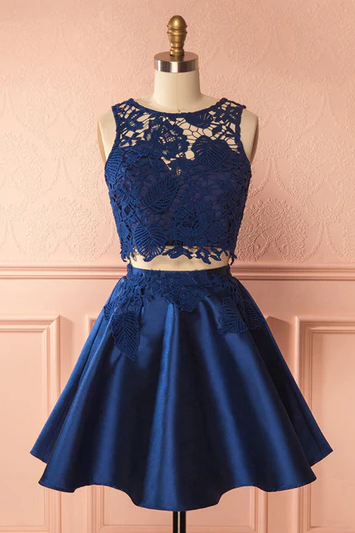 Chic Dark Navy Homecoming Dress Satin Two Pieces Homecoming Dress Party Dress