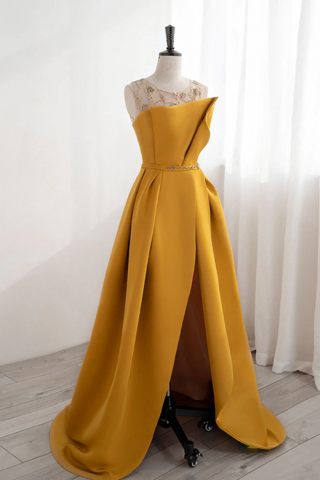 Scoop Neckline Satin Yellow Long Prom Dresses, Yellow Formal With Beading Sequin